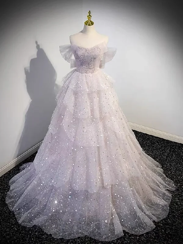 Light Pink Layered Shiny Tulle Long Prom Dress Birthday Party Dress DP241