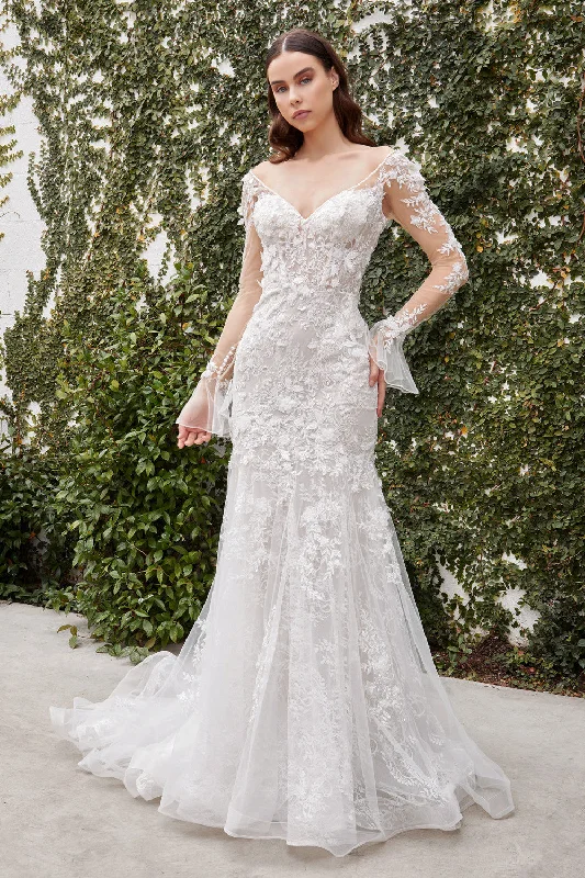 Floral Embroidered White Long Sleeve Giselle Wedding Gown By Andrea And Leo -A1073WC Romantic Lace Dress