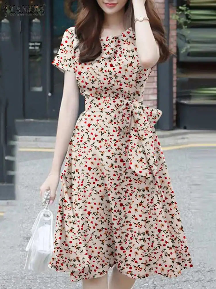 Elegant Short Floral Summer O Neck Holiday Casual Knee Length Robe Femme Midi Dresses Flowy midi dresses