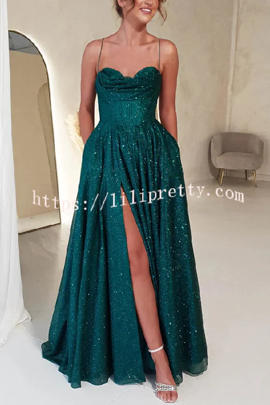 Cinderella Glitter Tulle Fabric Cowl Neck Back Lace-up Pocketed Slit Maxi Dress Office maxi dresses