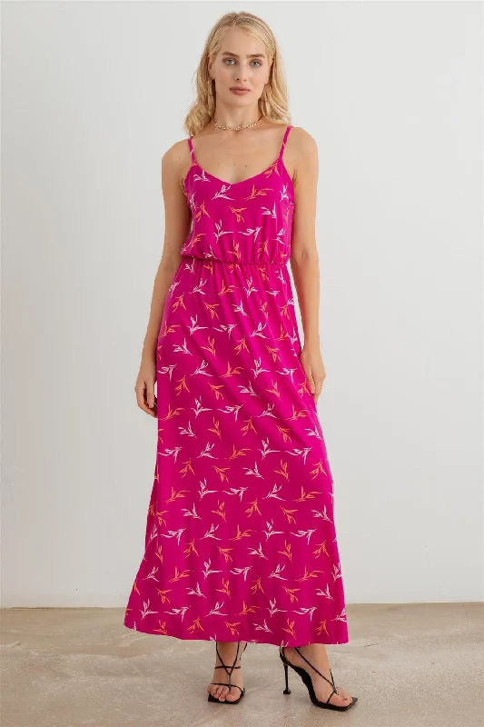 Leaf Print Sleeveless Elastic Waist Maxi Dress Spring maxi dresses