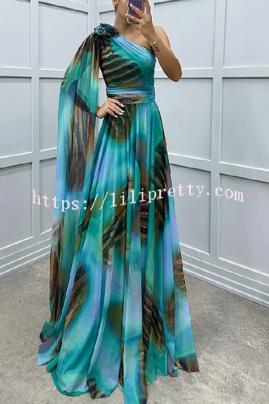 Lucia Unique Print Floral Detail One Shoulder Draped Sleeve Gown Maxi Dress Festival maxi dresses