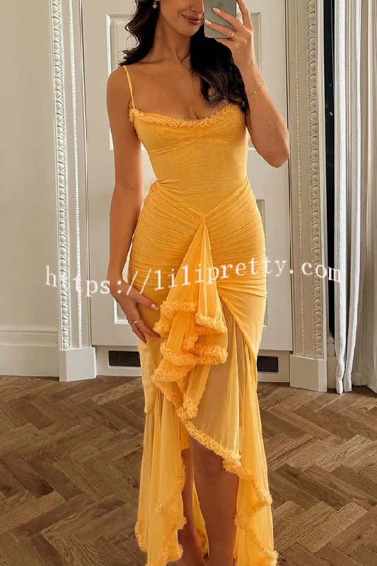 Retro Romantic Style Mesh Ruffle Trim Ruched Slit High Low Maxi Dress Shein maxi dresses