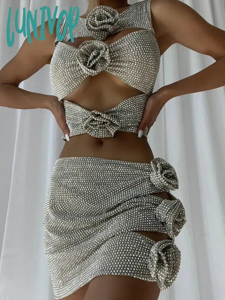 Lunivop Women Luxury Sexy O Neck Flower Diamonds Cut Out Silver Gold Pink Mini Skirt Set Knitted Elegant Evening Club Party Dress Summer Skater Skirt
