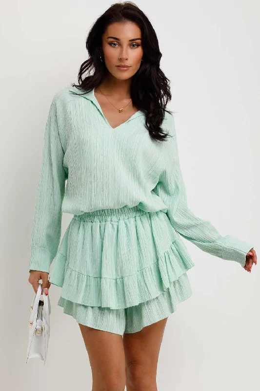 Summer Top And Frilly Shorts Set Mint Fitted Pleated Skirt