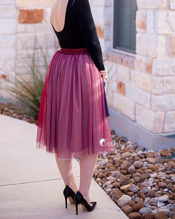 Corinne Ombre Burgundy Soft Tulle Skirt - Below Knee Tulle unclassified skirts