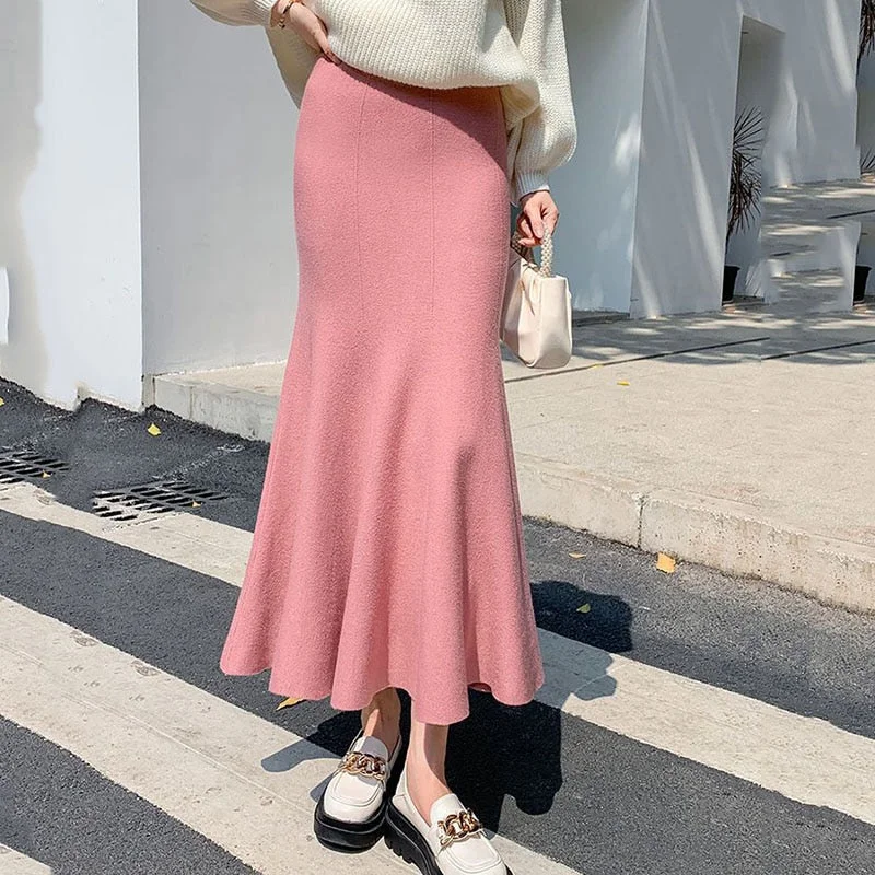Knitted Long High Waist Skirt Tartan Maxi Skirt