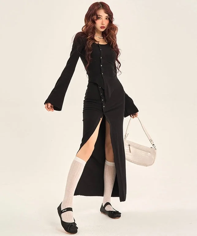 Rosa Solid Color Long Sleeve Button Up Top Long Button Up Slit Skirt Matching Set Lace Detail Maxi