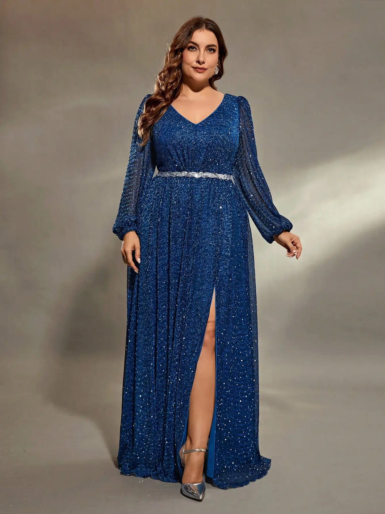 Blue Plus Size Glitter Sequins Long Sleeve Evening Gown Formal party dresses
