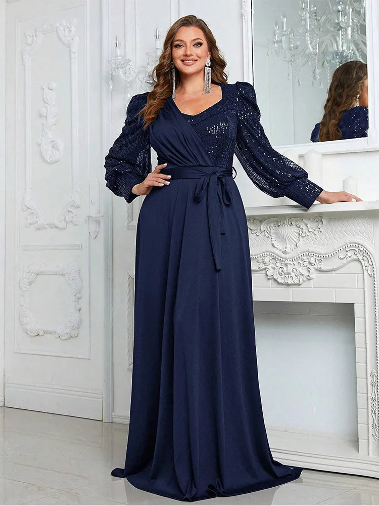 Navy Plus Size V-Neck Long-Sleeved Evening Dresses Lightweight party dresses for summer