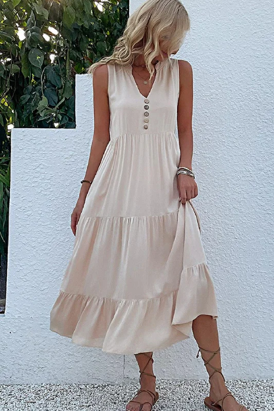 Decorative Button Sleeveless Tiered Dress Date night unclassified dresses