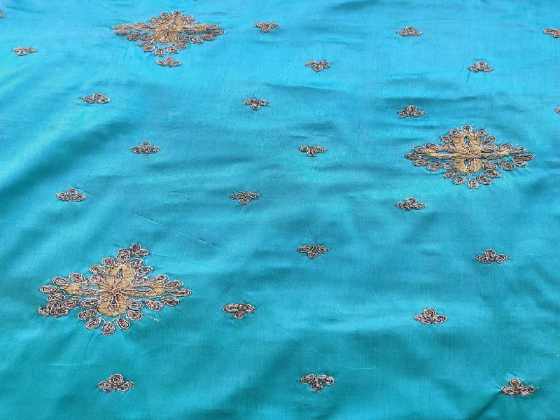 Blue Golden Dori Work Floral Motifs Embroidered Taffeta Silk Fabric Must-have floral dresses for this season
