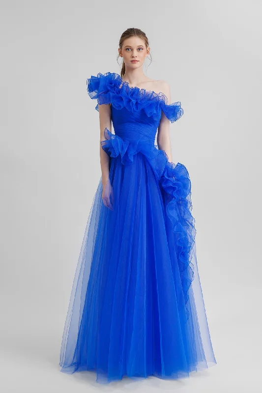 Asymmetrical neckline tulle gown Tulle Dress Design