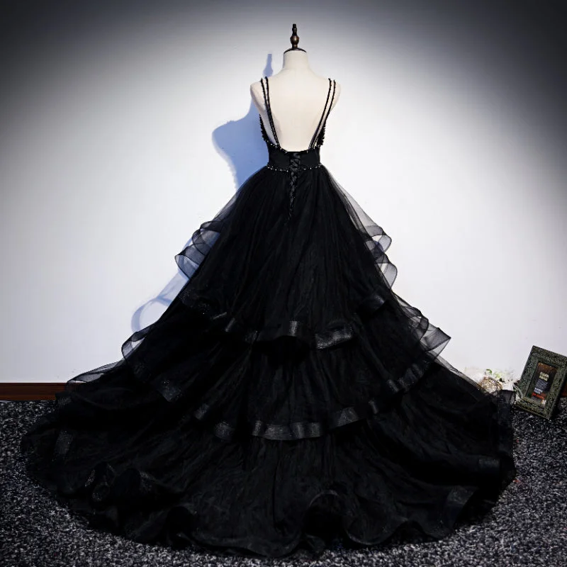 Black Tulle Layers Straps Beaded Long Evening Dress, Black Formal Dress Prom Dress Bohemian Tulle Dress Black Tulle Layers Straps Beaded Long Evening Dress, Black Formal Dress Prom Dress Bohemian Tulle Dress