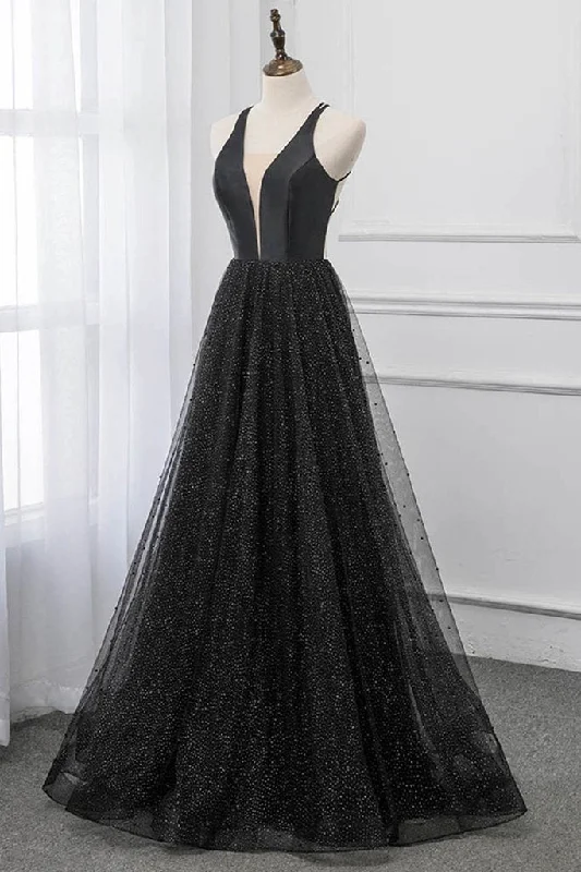 Black V-neckline Tulle and Satin Long Straps Cross Back Prom Dress, Floor Length Evening Dress Tulle Bridesmaid Dress Black V-neckline Tulle and Satin Long Straps Cross Back Prom Dress, Floor Length Evening Dress Tulle Bridesmaid Dress
