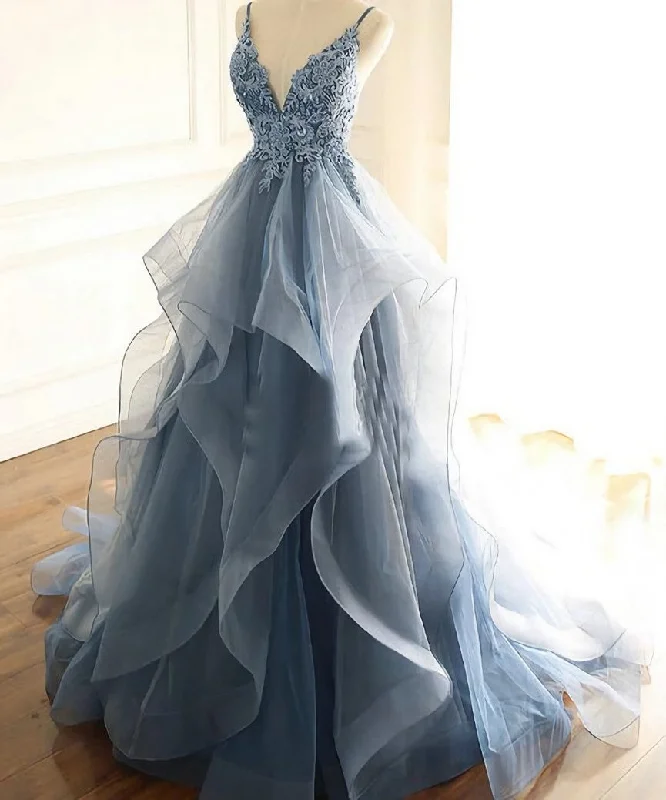 Blue Lace Top with Layers Tulle Prom Dress, New Straps Evening Gown Tulle Cocktail Dress