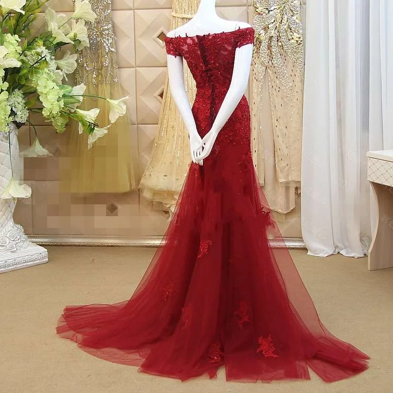 Burgundy Mermaid Tulle Evening Gown with Lace Applique, Off Shoulder Prom Dress Tulle Dress Outfit