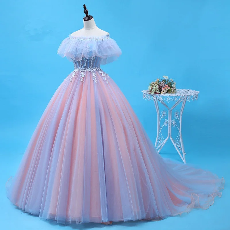 Charming Blue and Pink Tulle Off Shoulder Sweet 16 Dress with Lace, Ball Gown Formal Dress Casual Tulle Gown Charming Blue and Pink Tulle Off Shoulder Sweet 16 Dress with Lace, Ball Gown Formal Dress Casual Tulle Gown