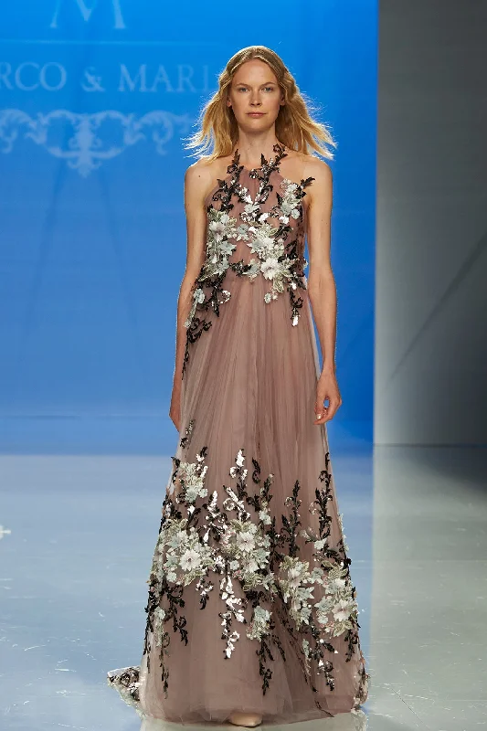 Closed neckline sleeveless tulle gown Tulle Dress Ruffles