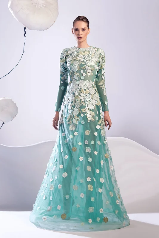 Closed neckline tulle embroidered dress Formal Tulle Dress