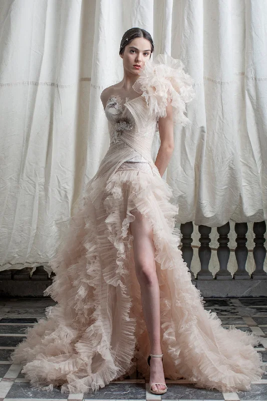 Detailed shoulder pleated tulle dress Tulle Dress Occasion