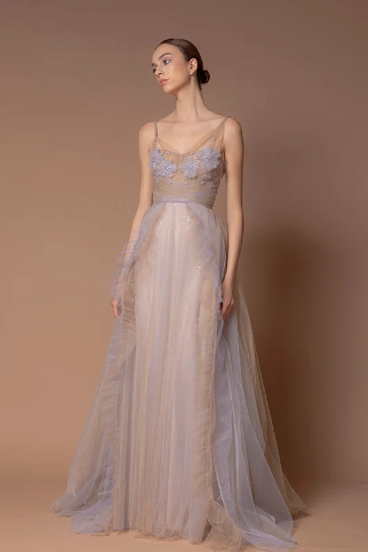 Embroidered bodice sleeveless tulle gown Tulle Dress Trendy