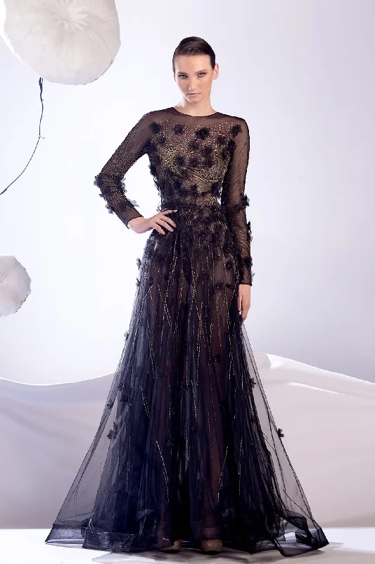Embroidered tulle dress with organza flowers Tulle Dress Flare