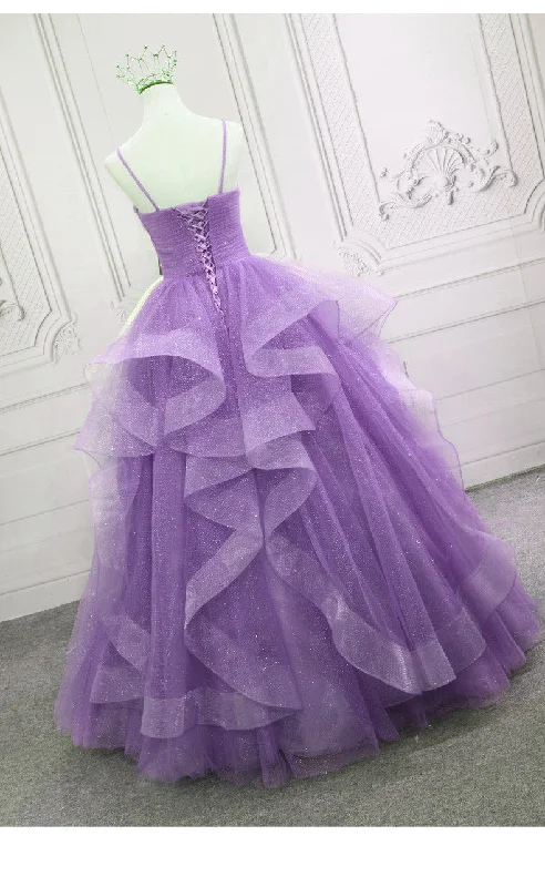 Gorgeous Purple Straps Layers Tulle V-neckline Long Evening Dress, Light Purple Prom Dresses Off-shoulder Tulle Dress