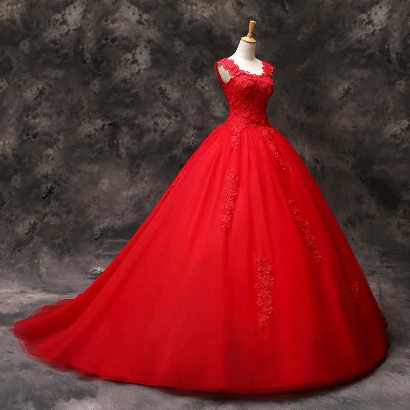Gorgeous Red Tulle Ball Gown Long Formal Dress with Lace Flowers, Red Sweet 16 Dresses Tulle Midi Dress Gorgeous Red Tulle Ball Gown Long Formal Dress with Lace Flowers, Red Sweet 16 Dresses Tulle Midi Dress
