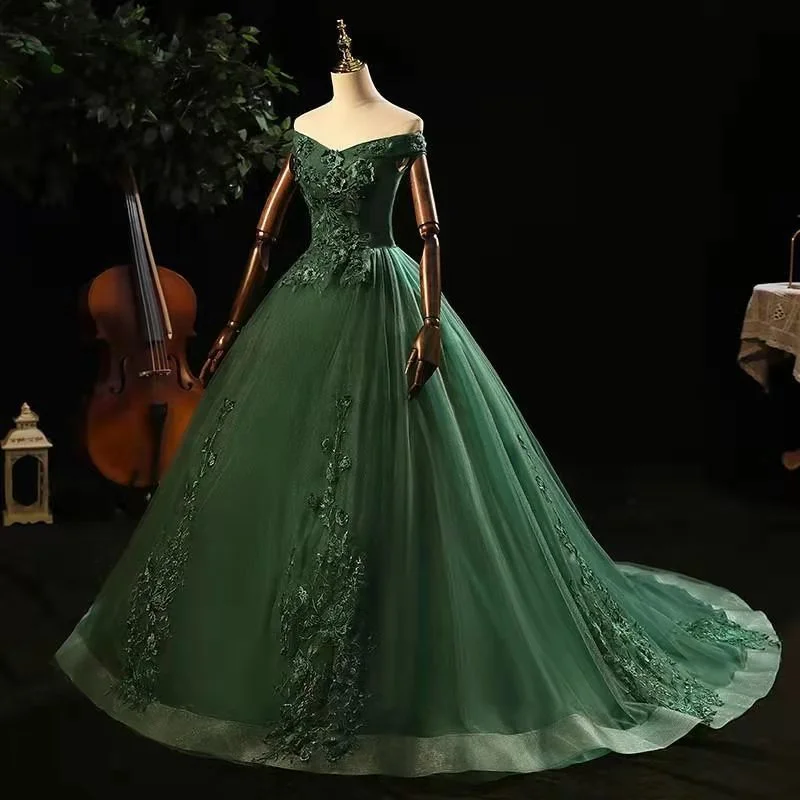 Green Tulle with Lace Applique Long Prom Dress, Green Sweet 16 Dresses Sparkling Tulle Dress