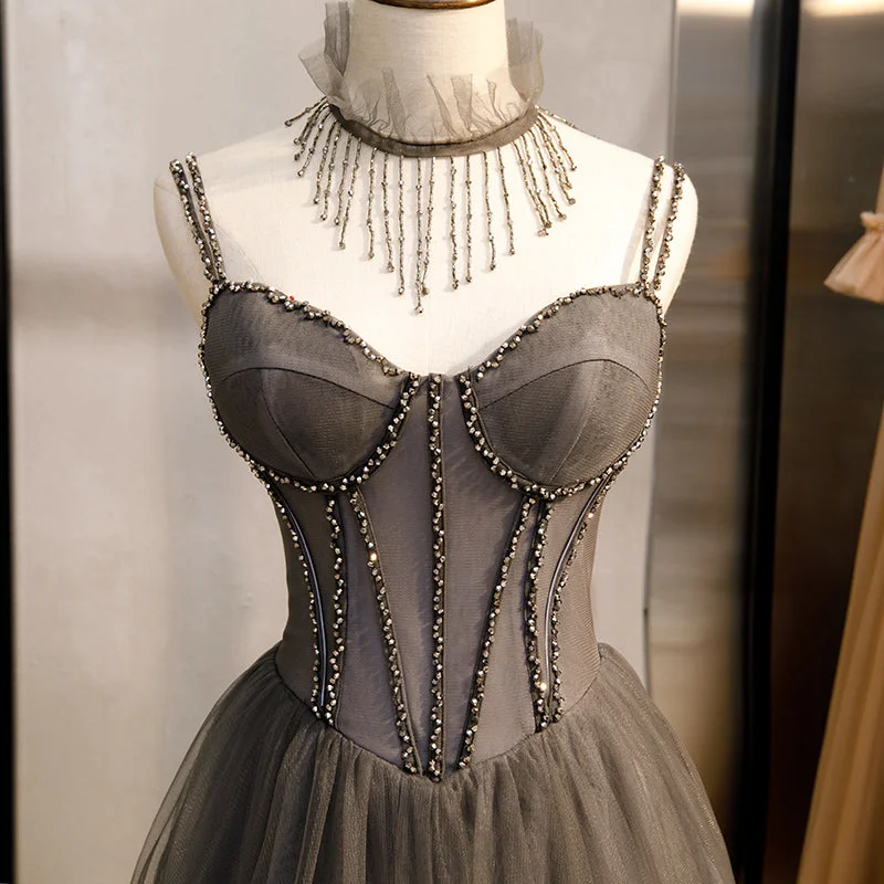 Grey Sweetheart Beaded Straps Long Tulle Prom Dress, Grey A-line Formal Dress Evening Dress Sequin Tulle Dress Grey Sweetheart Beaded Straps Long Tulle Prom Dress, Grey A-line Formal Dress Evening Dress Sequin Tulle Dress