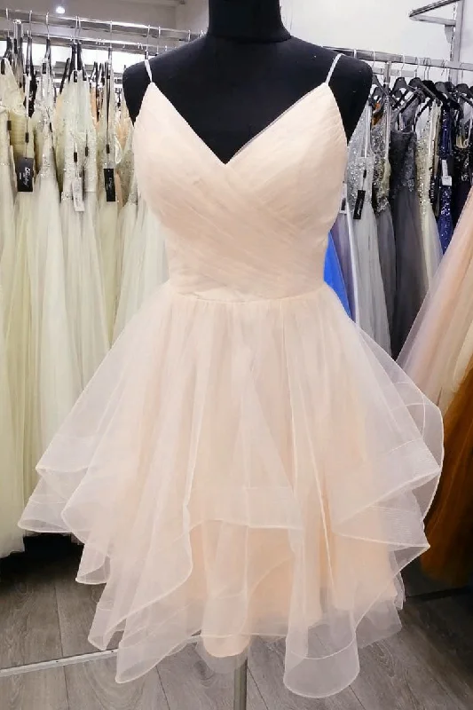Light Champagne V-neckline Straps Homecoming Dress, Tulle Short prom Dress Graduation Dress Tulle Dress Blush