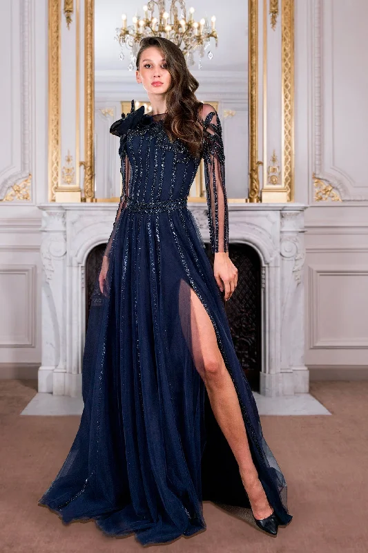 Long sleeves embroidered tulle dress Floor-length Tulle Dress
