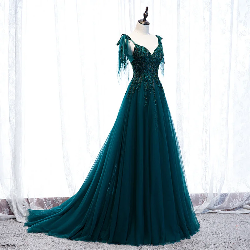 Lovely A-line Straps Tulle Teal Blue Long Evening Dress Prom Dress, A-line Formal Dresses Long Sleeve Tulle Lovely A-line Straps Tulle Teal Blue Long Evening Dress Prom Dress, A-line Formal Dresses Long Sleeve Tulle
