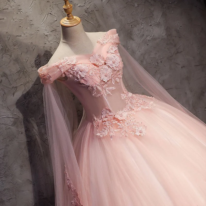 Pink Long Tulle with Lace Applique Ball Gown Sweet 16 Dresses, Pink Formal Dresses Sweet Tulle Dress Pink Long Tulle with Lace Applique Ball Gown Sweet 16 Dresses, Pink Formal Dresses Sweet Tulle Dress