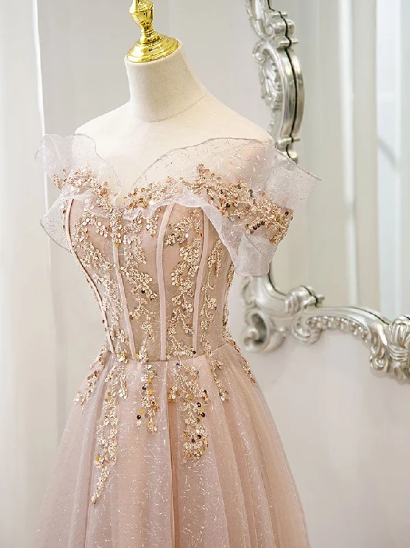 Pink Off Shoulder Shiny Tulle with Beaded and Lace Prom Dress, Pink Formal Dresses Sexy Tulle Dress