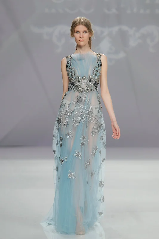 Pleated neckline embroidered tulle dress Classic Tulle Dress