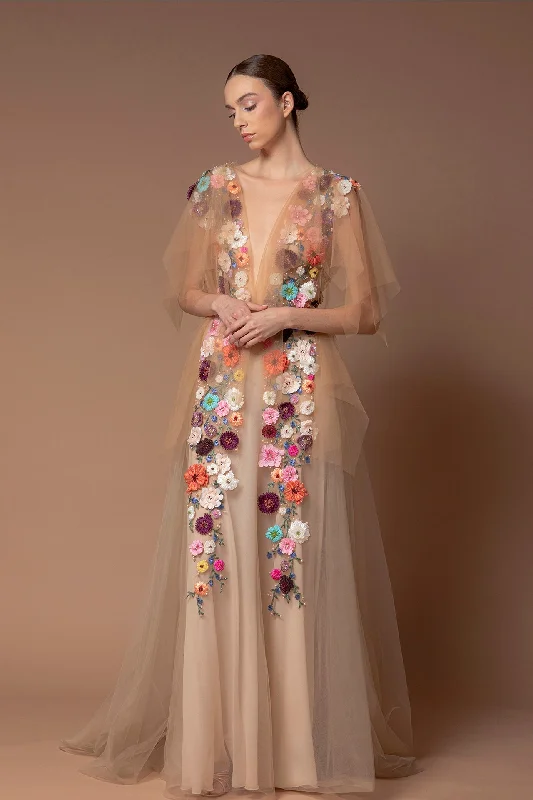 Plunging neckline embroidered tulle dress Tulle Dress Vibe