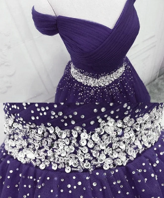 Purple Off Shoulder Knee Length Beaded Tulle Homecoming Dress, Sweetheart Short Prom Dress Pleated Tulle Dress Purple Off Shoulder Knee Length Beaded Tulle Homecoming Dress, Sweetheart Short Prom Dress Pleated Tulle Dress