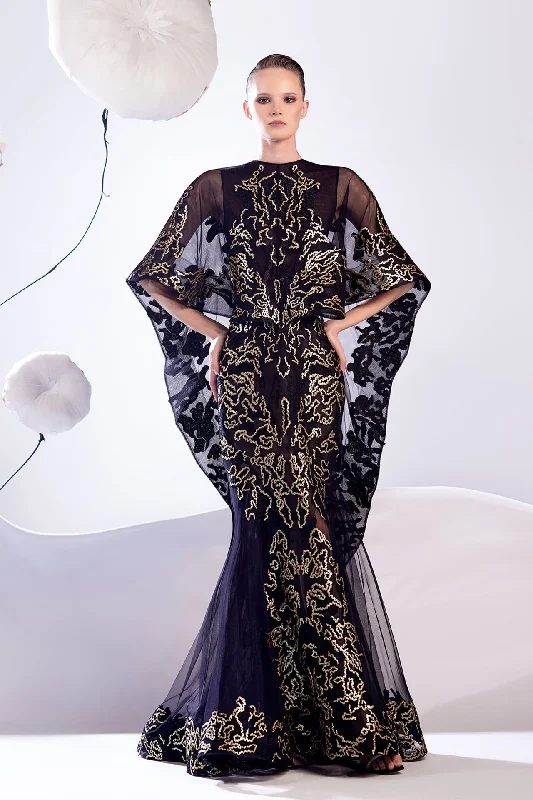 Tulle dress with cape and golden threads Soft Tulle Gown