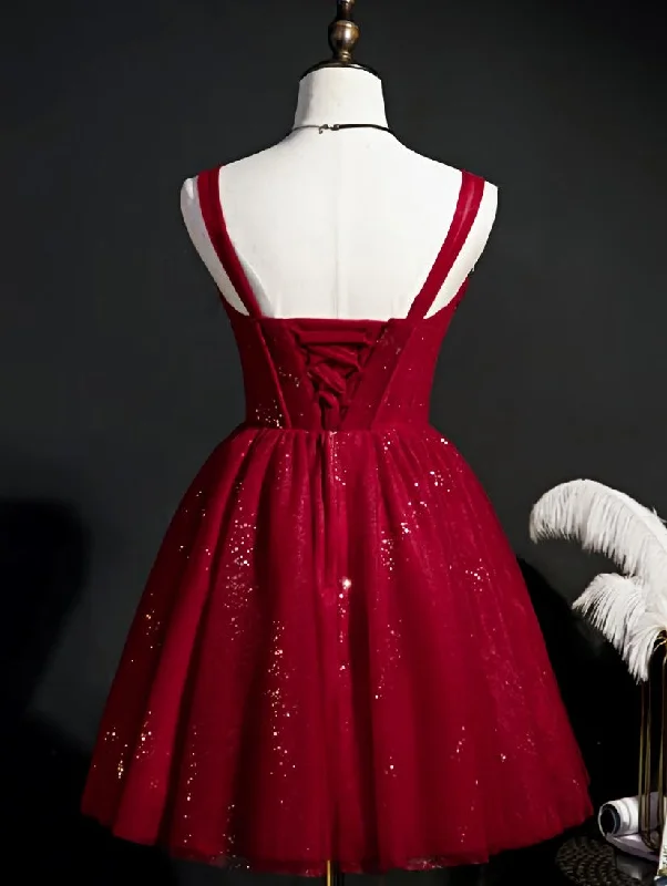 Wine Red Short Tulle Straps Cute Homecoming Dress, Wine Red Short Prom Dress Tulle Dress Glamour Wine Red Short Tulle Straps Cute Homecoming Dress, Wine Red Short Prom Dress Tulle Dress Glamour