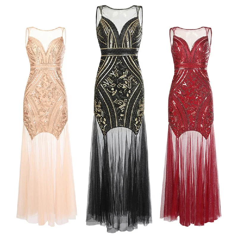 1920s Great Gatsby Sequins Beading Evening Mermaid Formal Sleeveless Round Collar Prom Long Dress Shimmer Sequin Dress 1920s Great Gatsby Sequins Beading Evening Mermaid Formal Sleeveless Round Collar Prom Long Dress Shimmer Sequin Dress