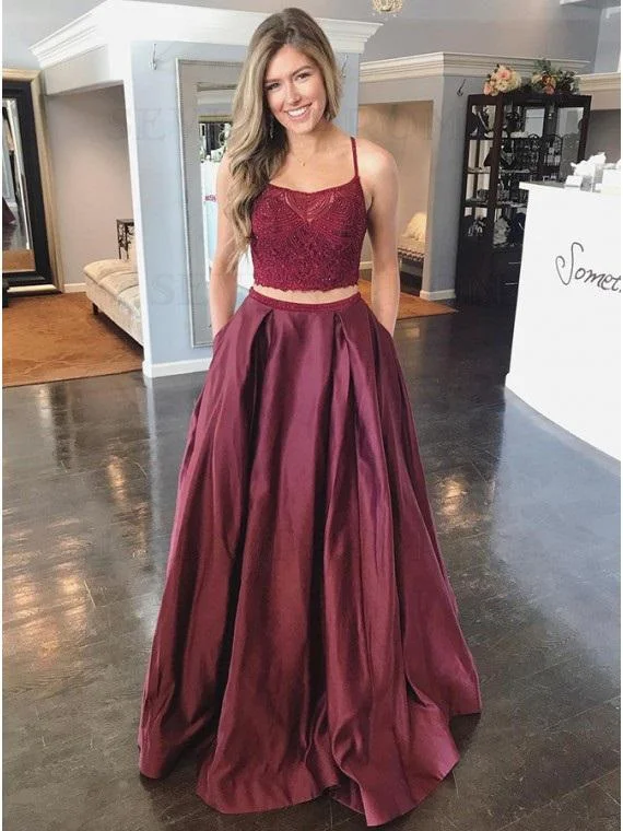 A-Line Burgundy Satin Lace Top Spaghetti Straps Two Piece Prom Dress JKZ8611 Lace Fit-and-Flare A-Line Burgundy Satin Lace Top Spaghetti Straps Two Piece Prom Dress JKZ8611 Lace Fit-and-Flare