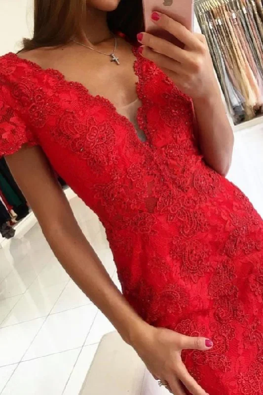 Backless V-neck Short Sleeves Lace Prom Dress Mermaid Red Long Off-the-shoulder Lace