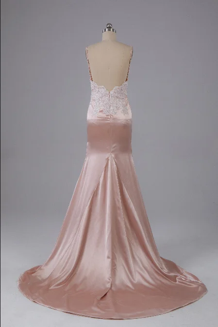 Beautiful Open Back Sweep Train Prom Dress with Lace Appliques Simple Lace Gown