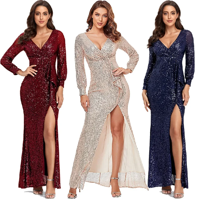 Burgundy Full Sleeve Evening Sequinde Formal Dress Sexy V-neck Prom Gown Elegant Evening Gowns Blue Sequin Dress Burgundy Full Sleeve Evening Sequinde Formal Dress Sexy V-neck Prom Gown Elegant Evening Gowns Blue Sequin Dress