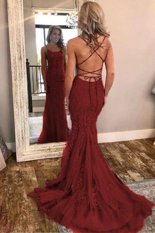 Burgundy Spaghetti Strap Mermaid Stunning Prom Dresses with Lace Appliques ZXS327 Chic Lace Dress