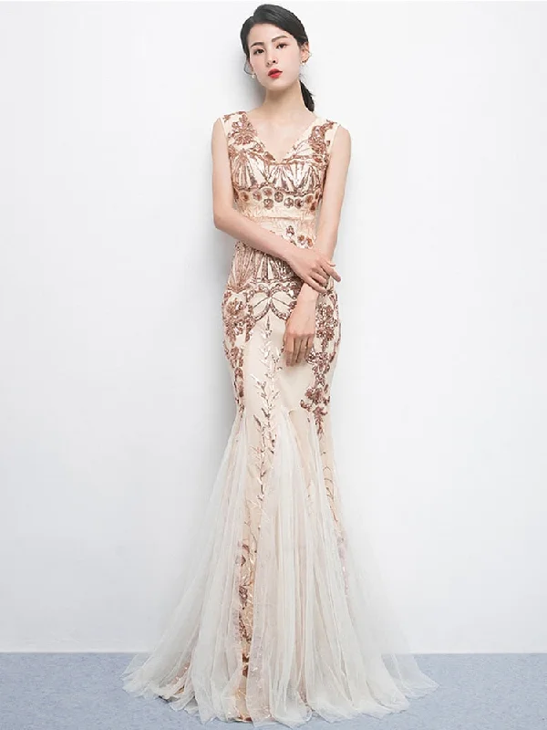 Champagne Gold Sequins Embroider Evening Dress Elegant Mermaid Tulle Formal V Neck Sleeveless Prom Gowns Strapless Sequin Dress