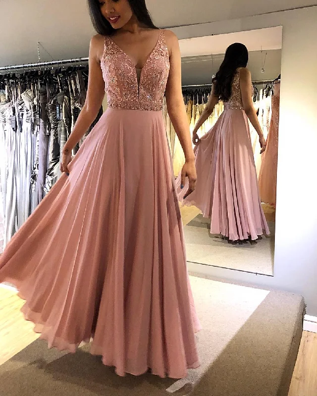 Chic Lace Bodice Beaded A-Line Long Chiffon Prom Dress JKR309 Lace Dress Glam