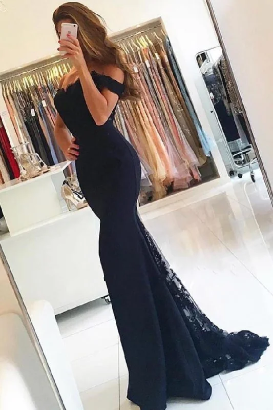 Elegant Chiffon Off-the-shoulder Lace Evening Dress Long Black Or Pink Lace High Neck Dress